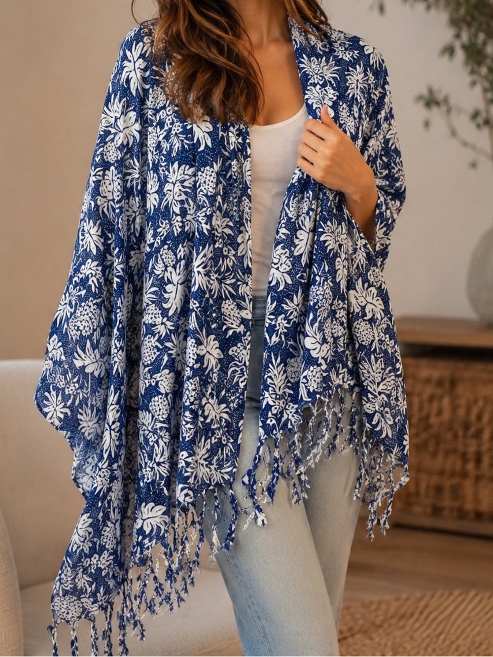 Handmade Blue Floral Fringe Throw Shawl -  Navy Blue Accent